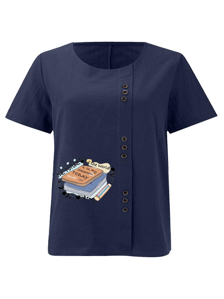 Women's Fashion Book Letter Pattern Print Round Neck Short Sleeve T-shirt Casual Cotton Linen Graphic Shirt Leisure Loose Summer Blouse Tops