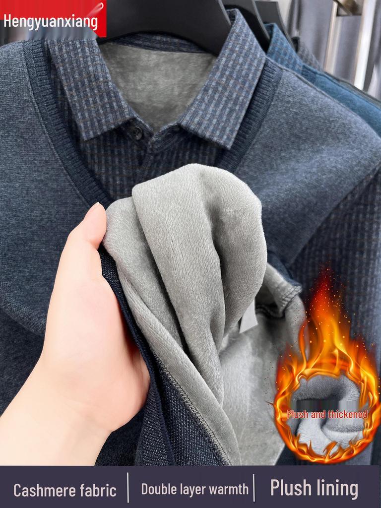 Hengyuanxiang Men's Pure Cashmere Two-Piece Look Thickened Winter Sweater