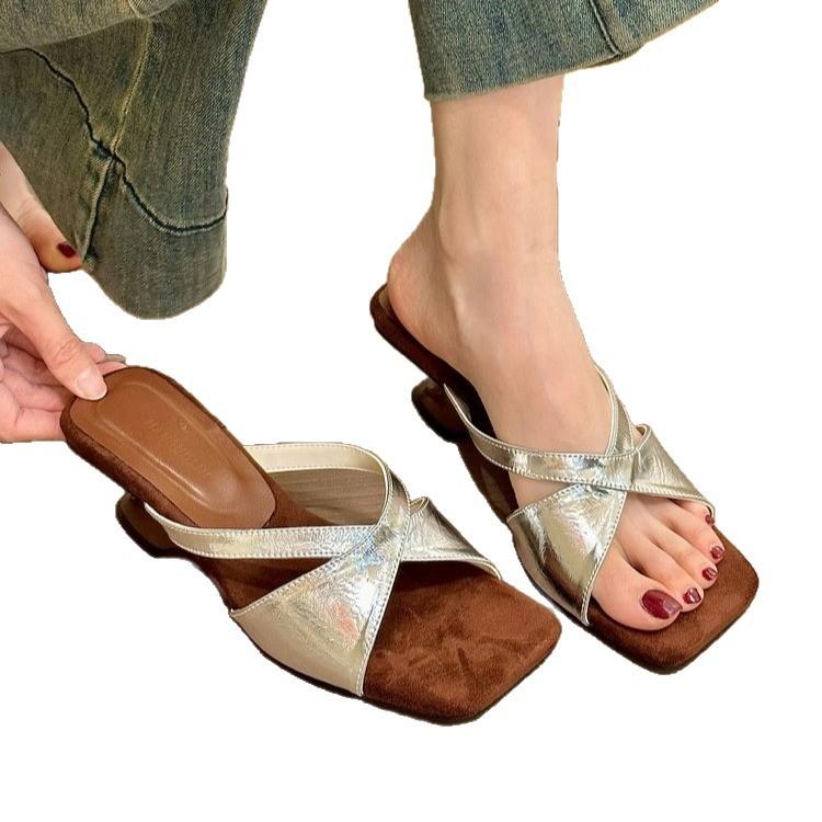 Square head open-toed slope high-heeled half-drag vacation beach with women's sandals