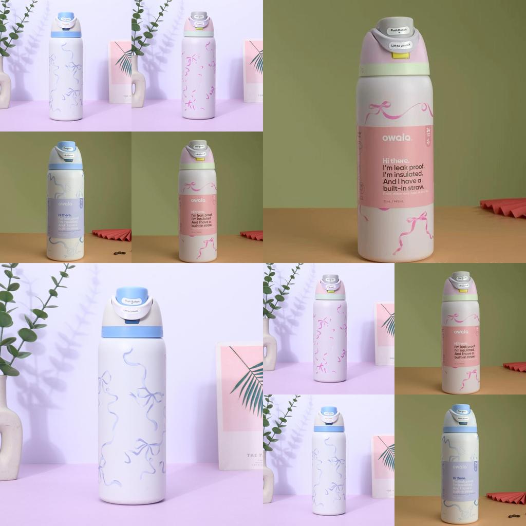 Ribbon Bow Pattern Print Insulated Water Bottle With Reusable Straw For Camping And Travel