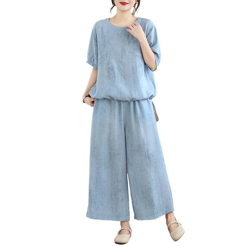 2026 Summer Retro Ethnic Cotton Linen Short Sleeve Top + Wide Leg Pants Set