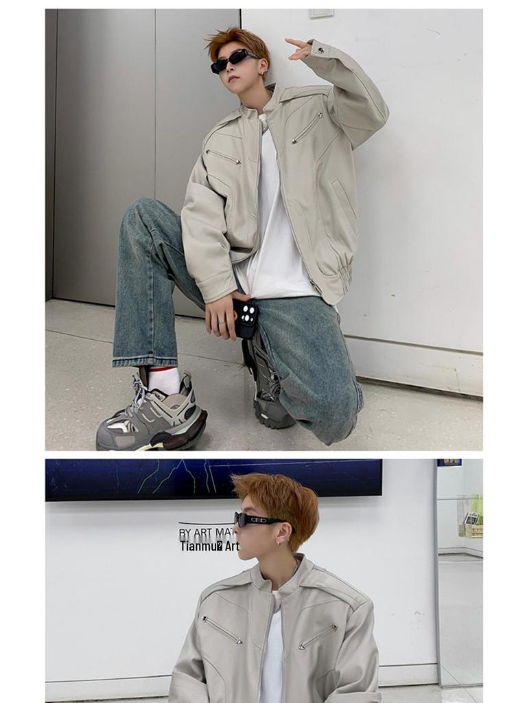 Men's High-End Short Leather Motorcycle Jacket - Trendy Spring/Autumn Street Style with Stand-up Collar