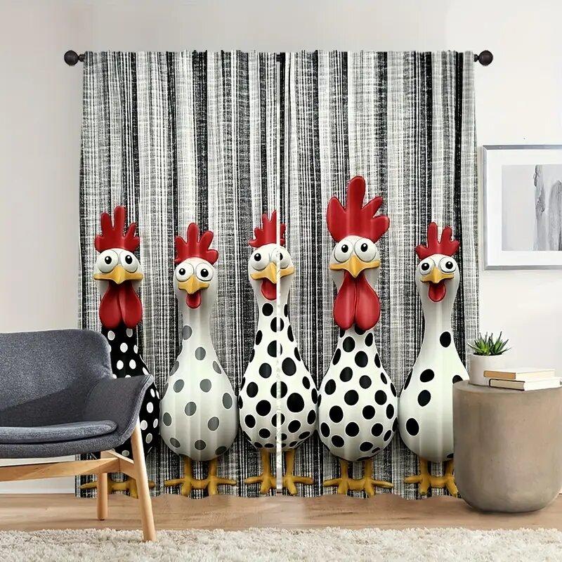2pcs- Retro chicken pattern - Printed curtains, window decorations, home decorations, room decorations