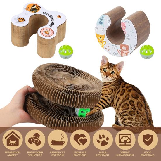 Cats Accordion Toy Foldable Cat Scratch Board with Bell Ball Portable Changeable Cat Scratcher Toy for Indoor Cats Anxiety Relief Exercise