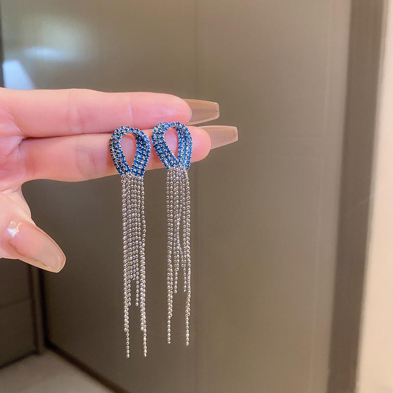 S925 Silver Needle Rhinestone Tassel Earrings - Exquisite Long Claw Chain with Colored Diamonds, European & American Style