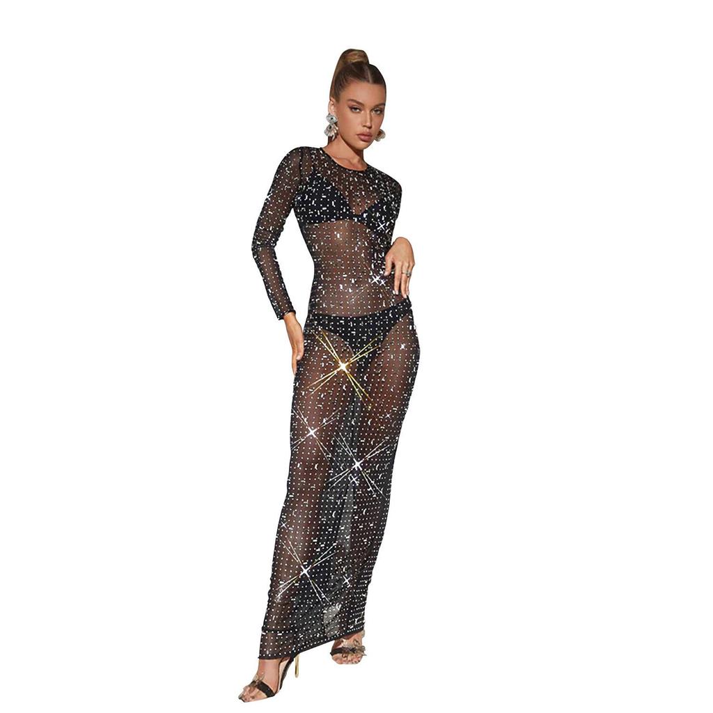 European & American Fashion Women's Solid Color Mesh Long Sleeve Maxi Dress with Hot Drill Details
