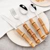 Set de tacâmuri din oțel inoxidabil cu mâner din bambus natural, 24 buc.
