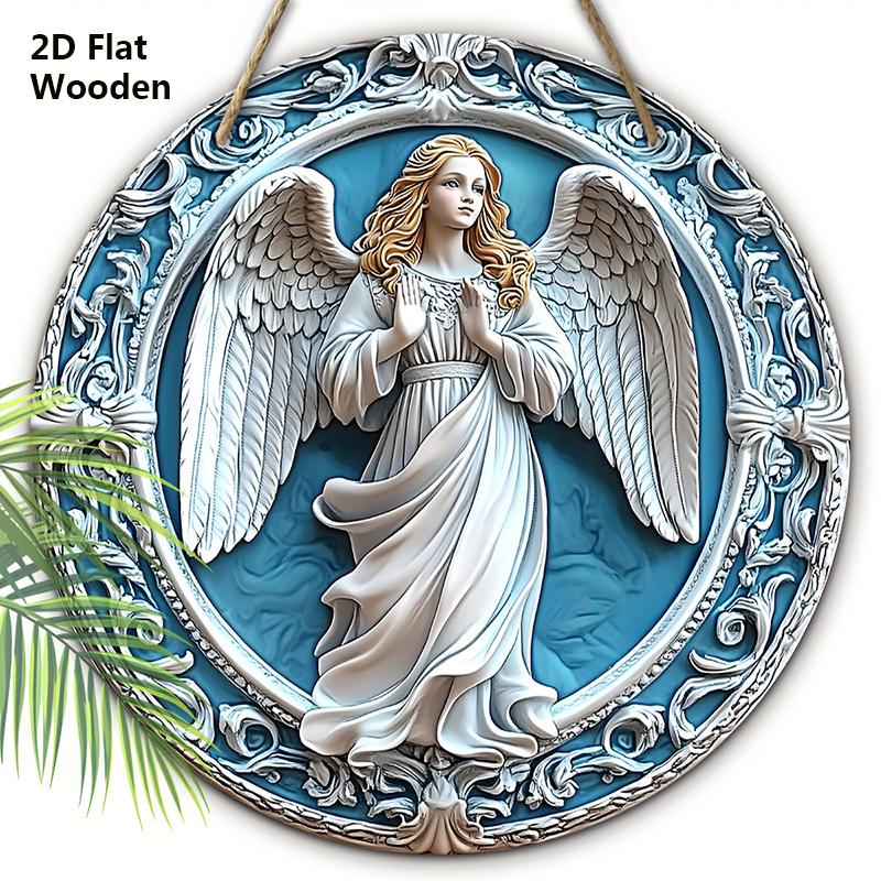 Holy Angel Wooden Sign - Beautiful Angel Round Artwork for Front Door Wall Home Hanging Decoration
