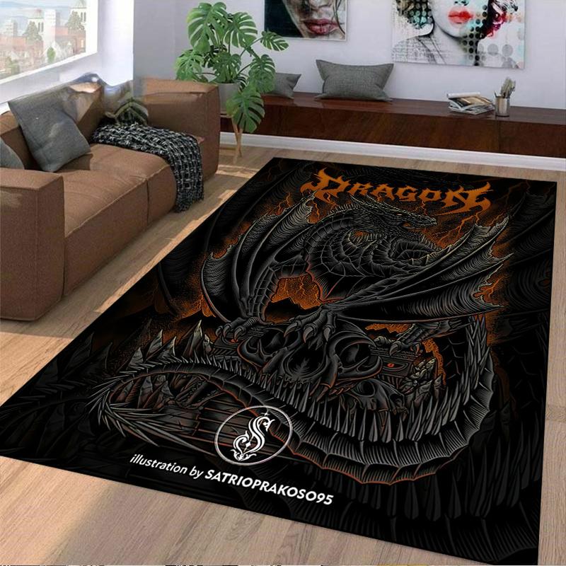 Black Dragon On Skulls Dark Fantasy Orange Fire Art soft floor mat for home living space grunge rock band retro print printed wall carpet floor mat