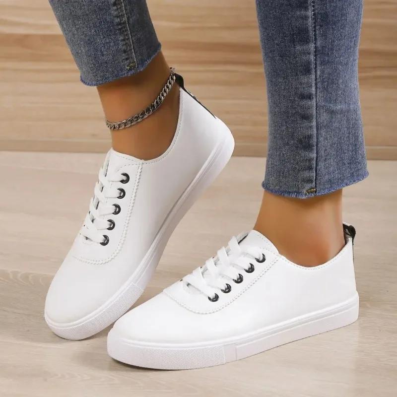Off White Shoes Sneakers Women Lace-up Shallow White Leather Shoes Versatile Soft Sole Running Walking Zapatos Student Campus