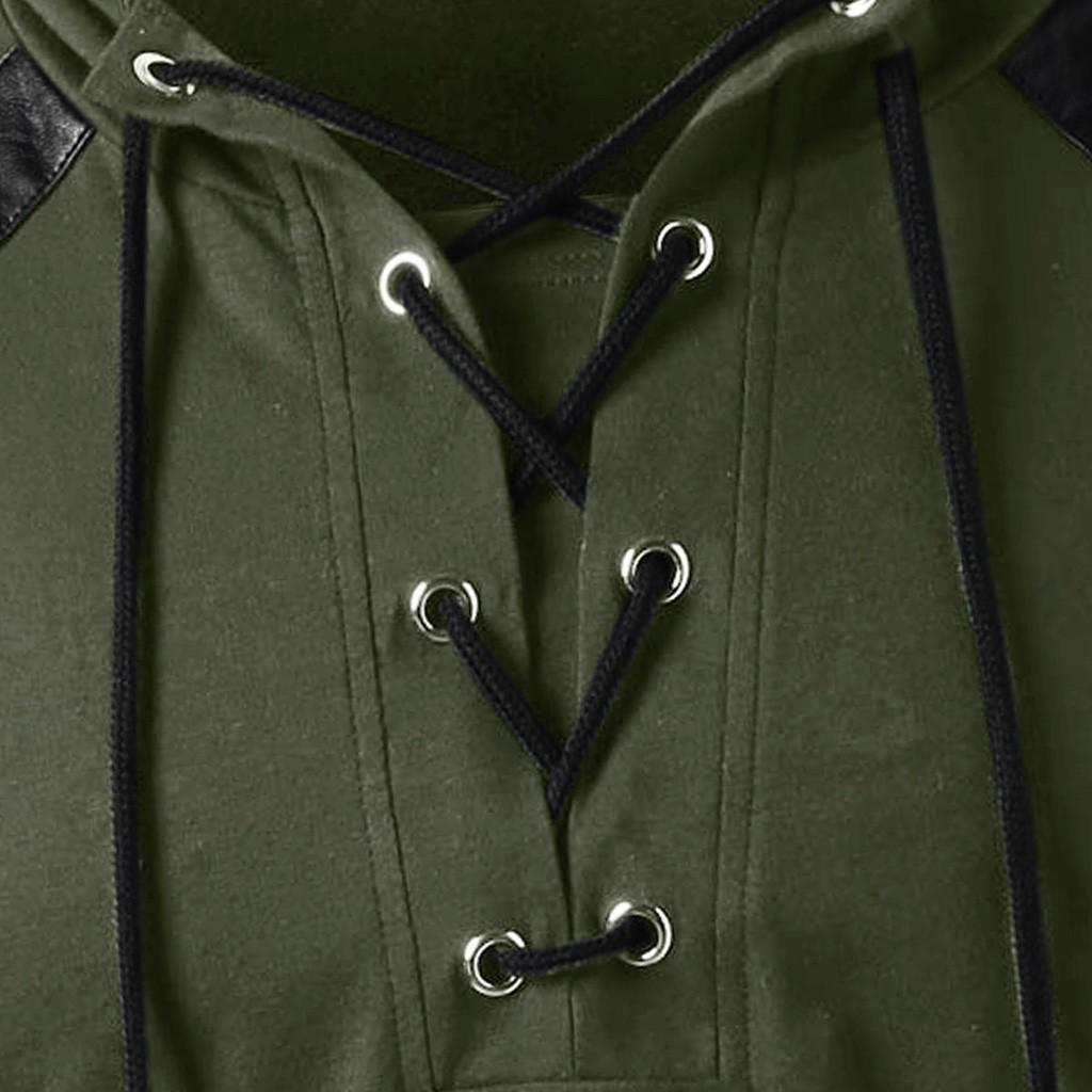 Men Winter Drawstring Vintage Leather Patchwork Long Sleeve Hooded Tops Blouses