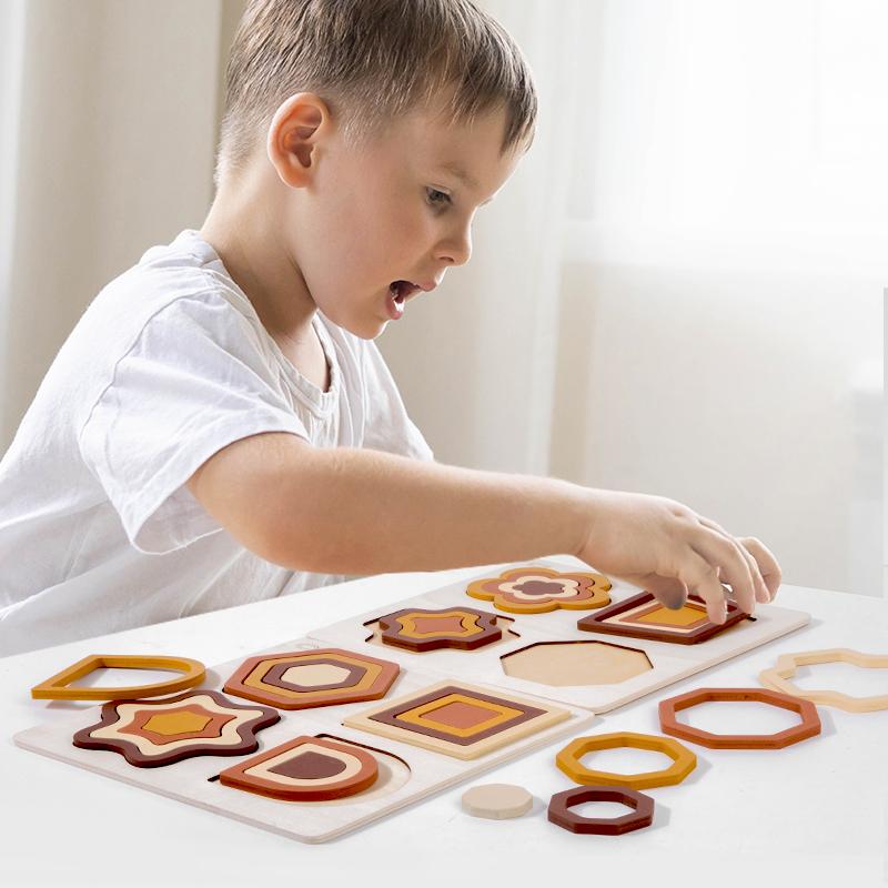 Educational Wooden Geometric Shapes Game Montessori Learning Math Jigsaw Puzzle Board for Kids Sorting Stacking Cognition Toys