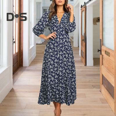 Women's Floral Print Maxi Dress Long Sleeve V Neck High Waist Dress Casual A-Line Long Dress for Parties Weddings Beach Wear