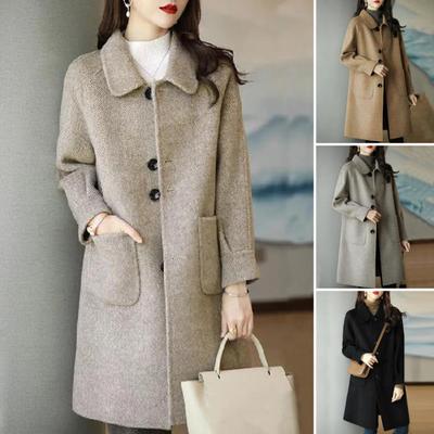 Women Winter Overcoat Turn-down Collar Pockets Pure Color Single-breasted Cardigan Loose Fit Coat Thermal Long Sleeves Commuting Dating Winter Coat