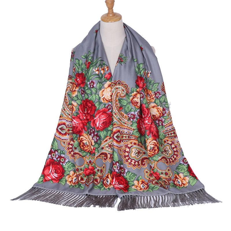 Scarf Women Flower Shawl Autumn And Winter Foulard Warmth Vintage Tassel Hijab Warp Printed Headscarf Bandana