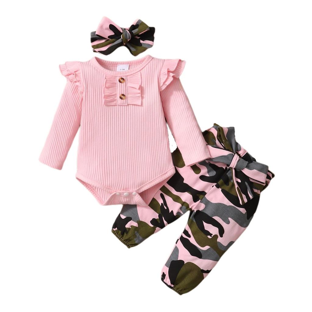 0-18 Months Newborn Baby Girl Clothes Set Infant Girl Long Sleeve Bodysuit + Camouflage Pants + Headband Cotton Clothing Suit 0-3M розовый