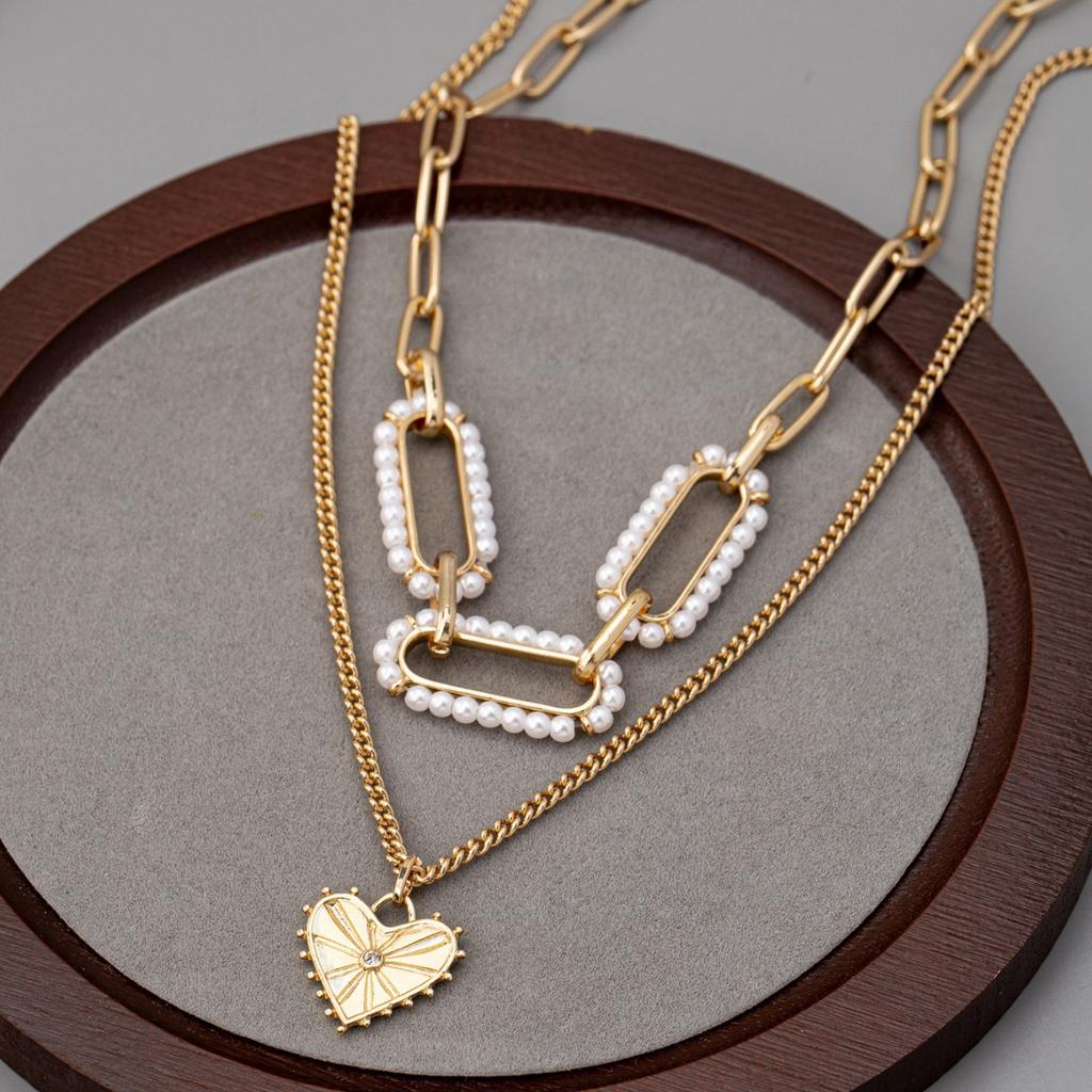 Ins style pearl heart pendant necklace for women's fashion trend, multi-layer collarbone chain for women
