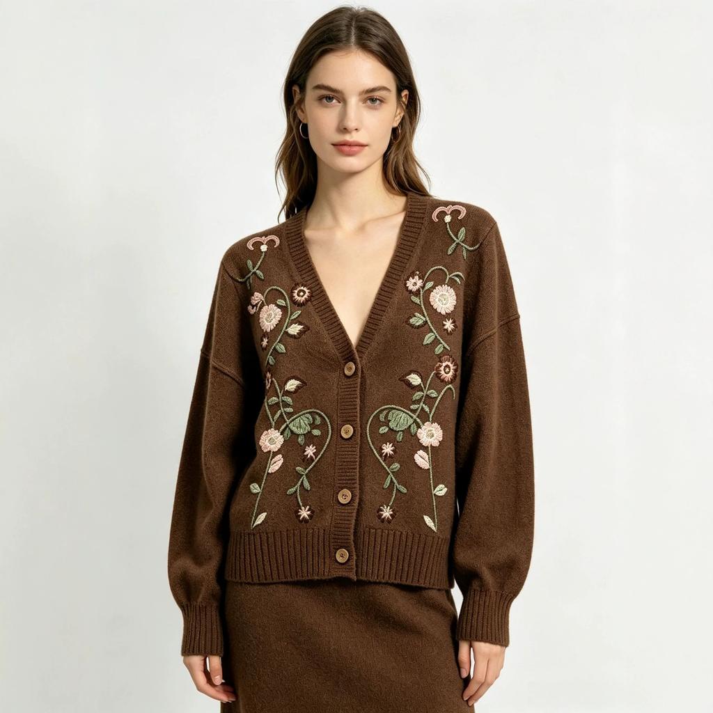 European and American style autumn and winter new heavy industry embroidered beads flower knitted cardigan women's loose v-neck outer sweater