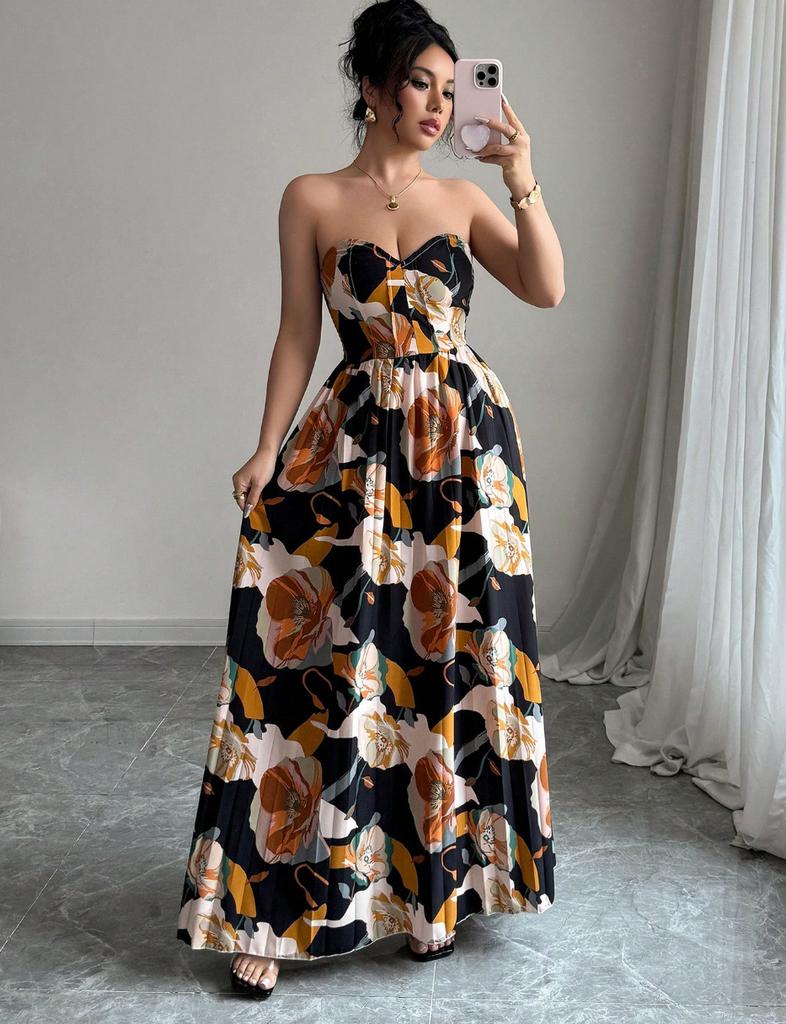 European and American women's clothing women's elegant tube top print dress pleated skirt slim dress