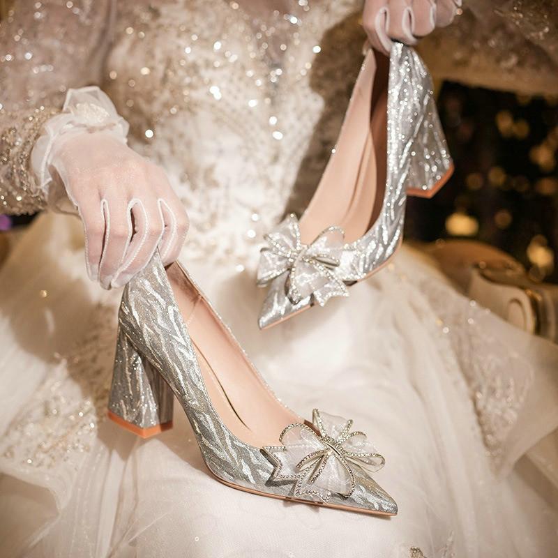 Fashion High Heels Women Silver Chunky Glass Slipper Wedding Shoes Two Wear Gold Mid-Heel Bridesmaid Shoes