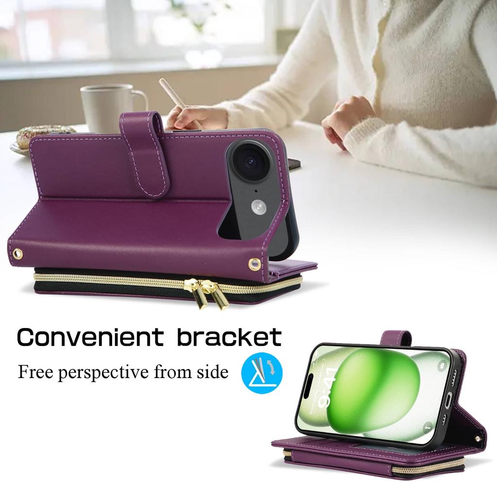 Crossbody Wallet Case for iPhone 17 Pro Max/Air, PU Leather Flip Cover with Card Slots, Kickstand Folio, Wrist Strap Lanyard