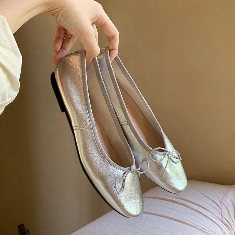 Sheepskin version~ leather flat-bottomed bow light-mouth single shoes women's 2025 new temperament evening shoes ladyshoes grandma shoes