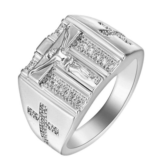 

Шикарное кольцо с резным крестом Иисуса и инкрустацией кубическим цирконием, унисекс, свадебные украшения, подарок US 9 серебряный