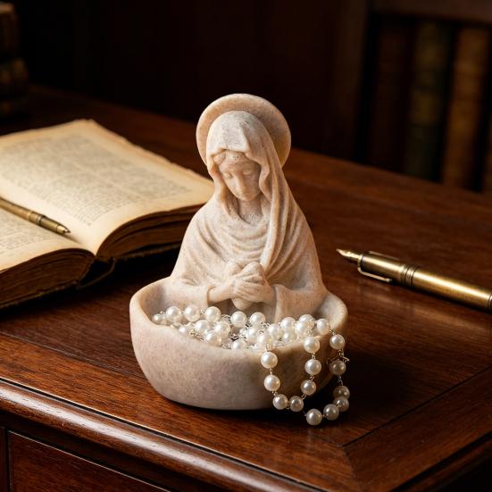 Yousheng Virgin Mary Jewelry Holder for Rosary Necklace Rings 5" Blessed Catholic Resin Statue Religious Keepsake for Christian Home Decor
