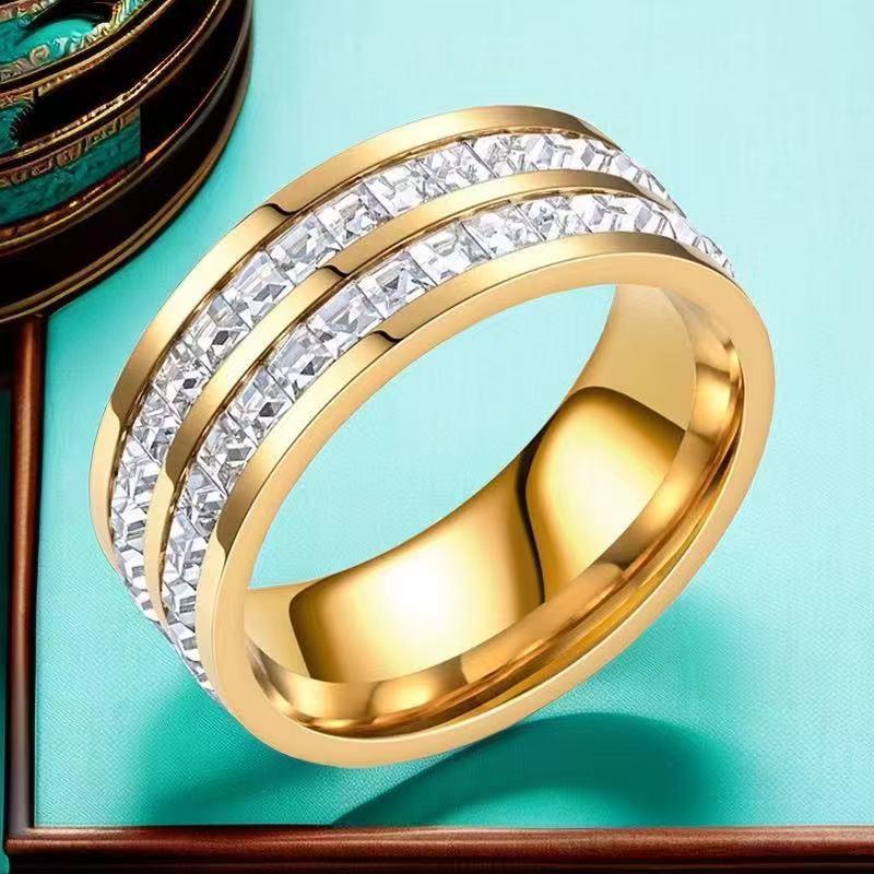 Stainless Steel Ring with Star-Inlaid Diamonds, Fade-Resistant, Titanium Finish