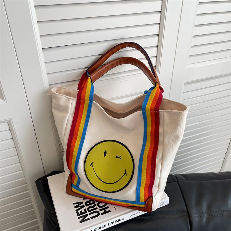 Large Capacity Canvas Tote Bag Cute Smiley Face Print Fresh And Sweet Style