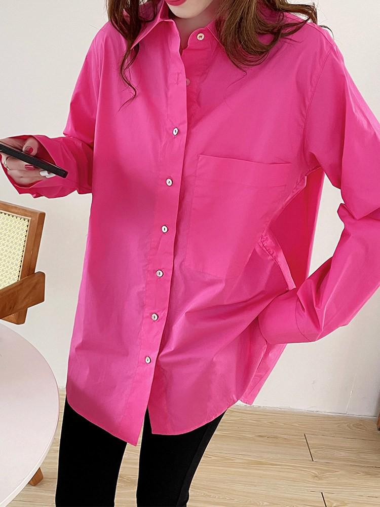 Rose Red Cotton Long-Sleeve Women's Shirt: Loose Fit, Slimming, Fashionable, Skin-Brightening - 2026 Spring Collection, Perfect for Commuting.