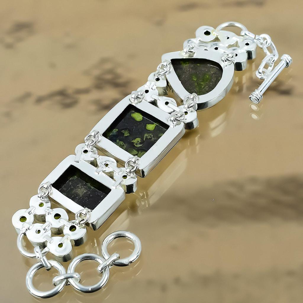 925 Sterling Silver Epidote Quartz Stone Peridot Chain Unique Bracelet Jewelry