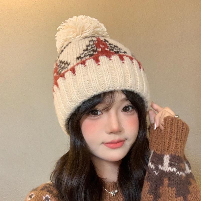 Autumn and Winter New Retro Jacquard Hat for Women Ear Protection Cold Protection Headband Hat Small Fur Ball Knitted Hat with Face,