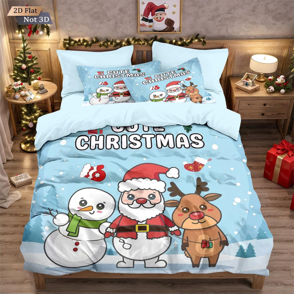 3pcs Merry Christmas Snowman Printed Coreless Bedding Set Dormitory Bedroom Multiple Sizes Holiday Decoration Machine Washable