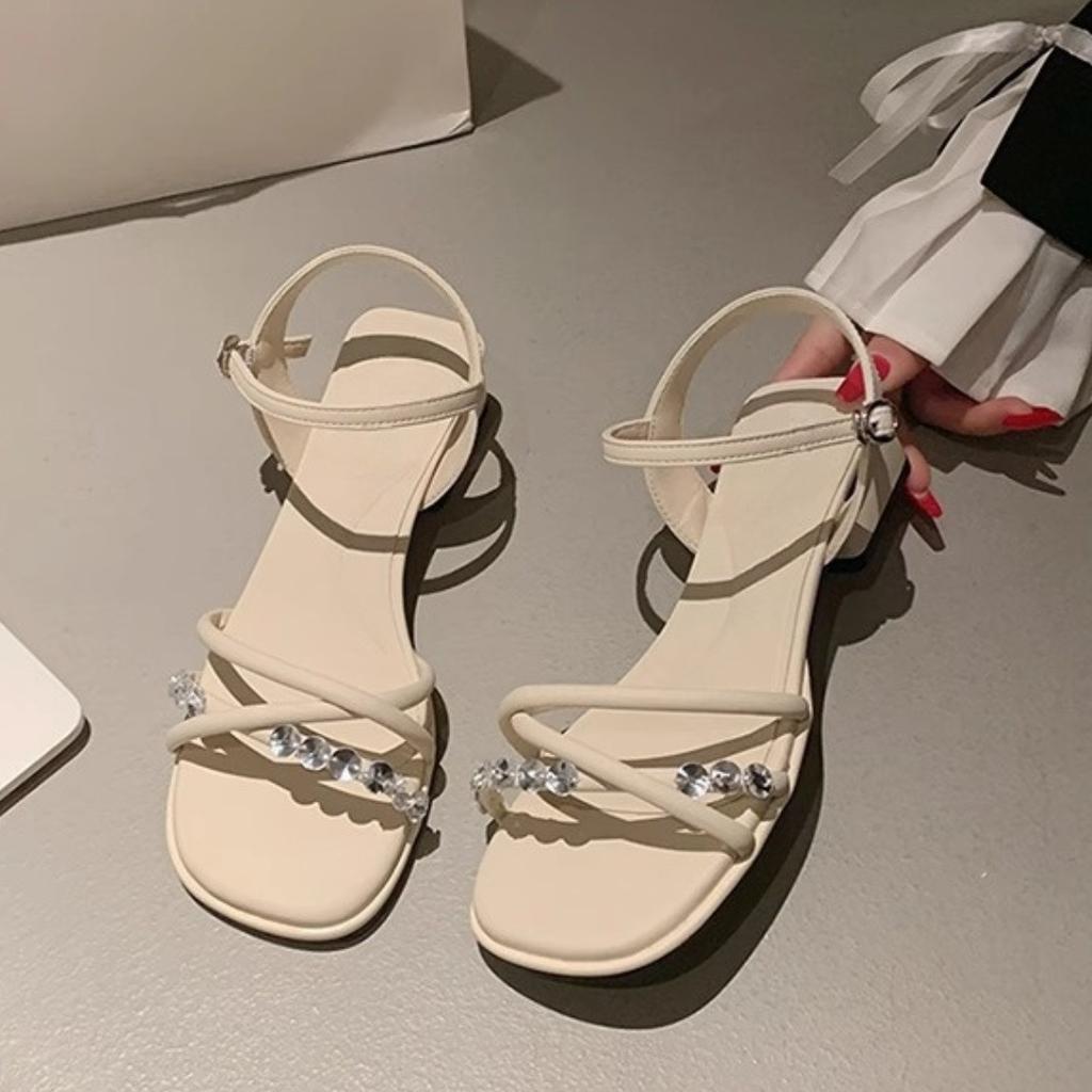 2025 new French rhinestone fashion sandals for women wear thick heels with skirts in summer with beautiful one-strap Roman shoes