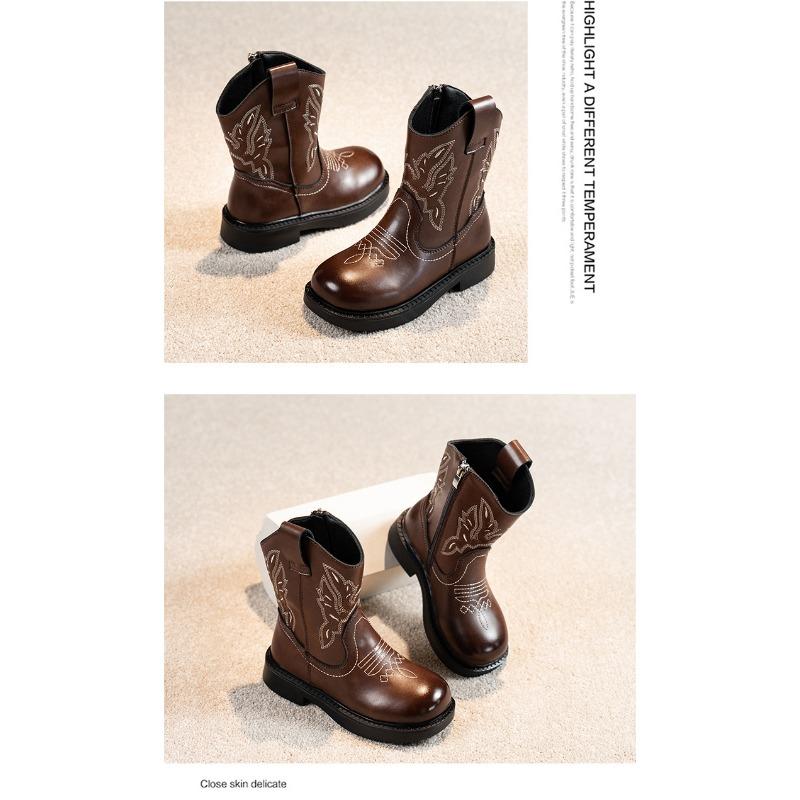 American Retro Girl Boots Princess Embroidery New Leather Boots Children Fashion Leather Boots Knight Boots