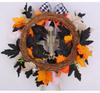 Halloween Wreath with Skeleton Pumpkin Maple Leaves and Twigs Artificial Floral Arrangement for Door Wall Decoration