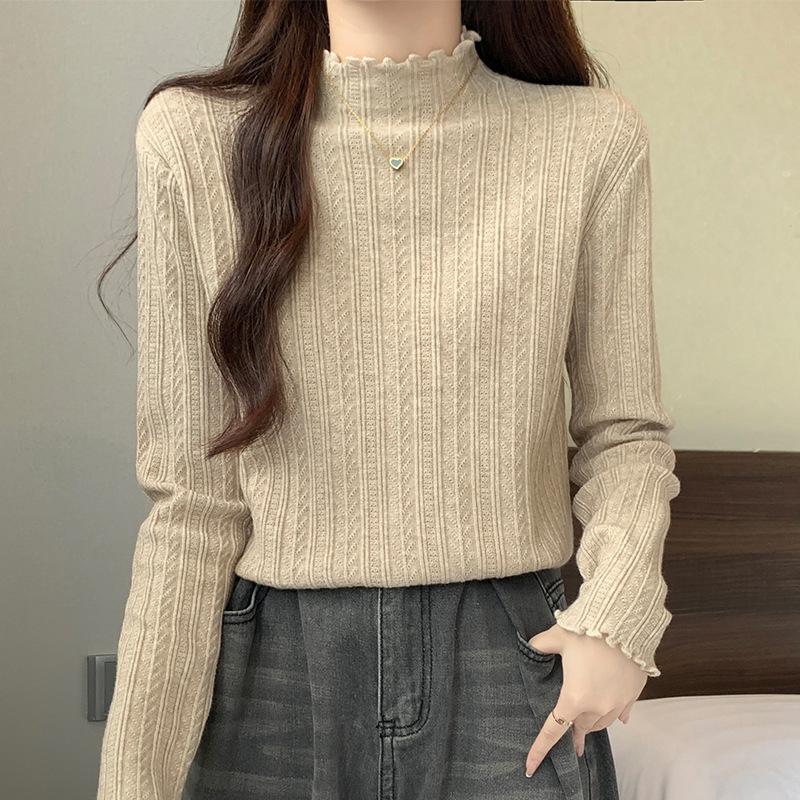 Half Turtleneck Knitted Base Top for Women In Autumn and Winter Latest Style Black Ears with Stylishable Slim Inner Slim Long-sleeved Top One Size