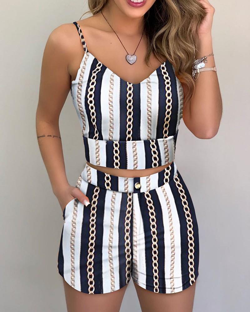 European and American Women's Summer Spaghetti Strap Slim-Fit Printed Shorts Set