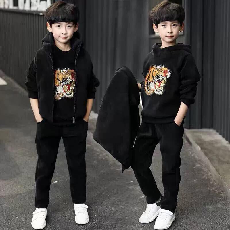 Boys' Suit with Plush and Thickened Autumn and Winter Clothing, Mid Size Children's Clothing, Boys' Hoodie Three Piece Set, Cool and Trendy