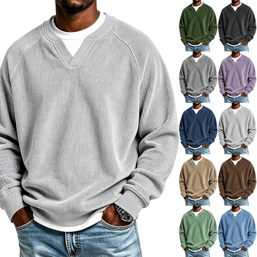 Men's V-neck Faux Two Piece Corduroy Long Sleeve Casual Sportswear T-shirt