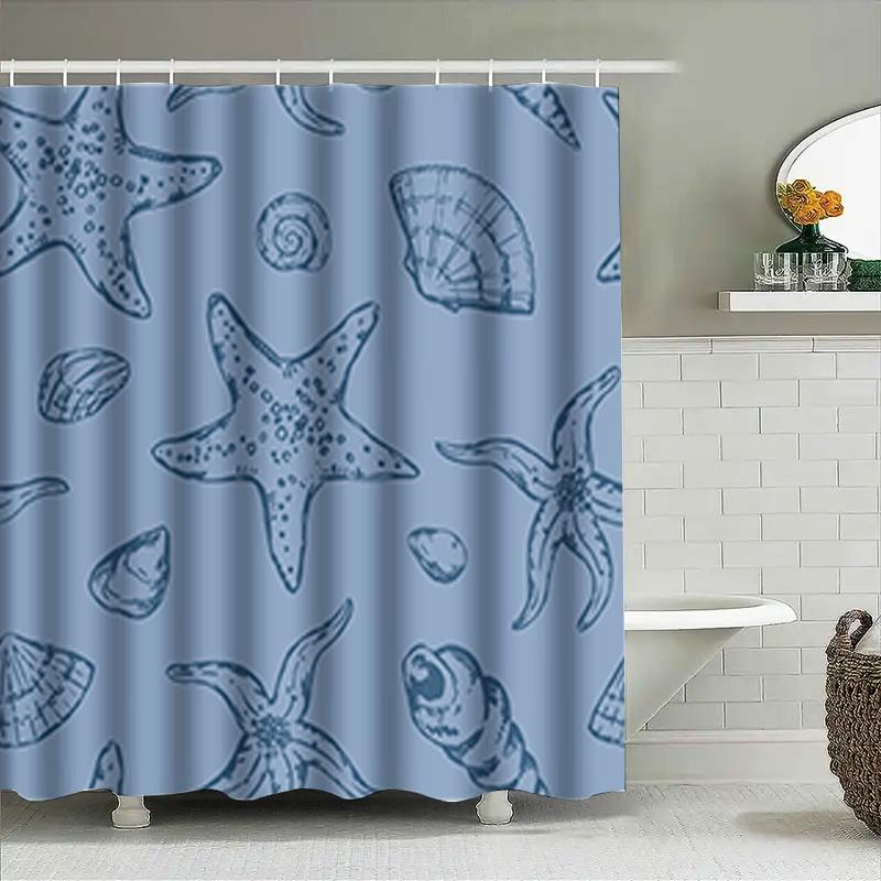 Seashell Bath Curtain Blue Printed Shower Curtain For Home Decor Waterproof Fabric Bathroom Window Decorations