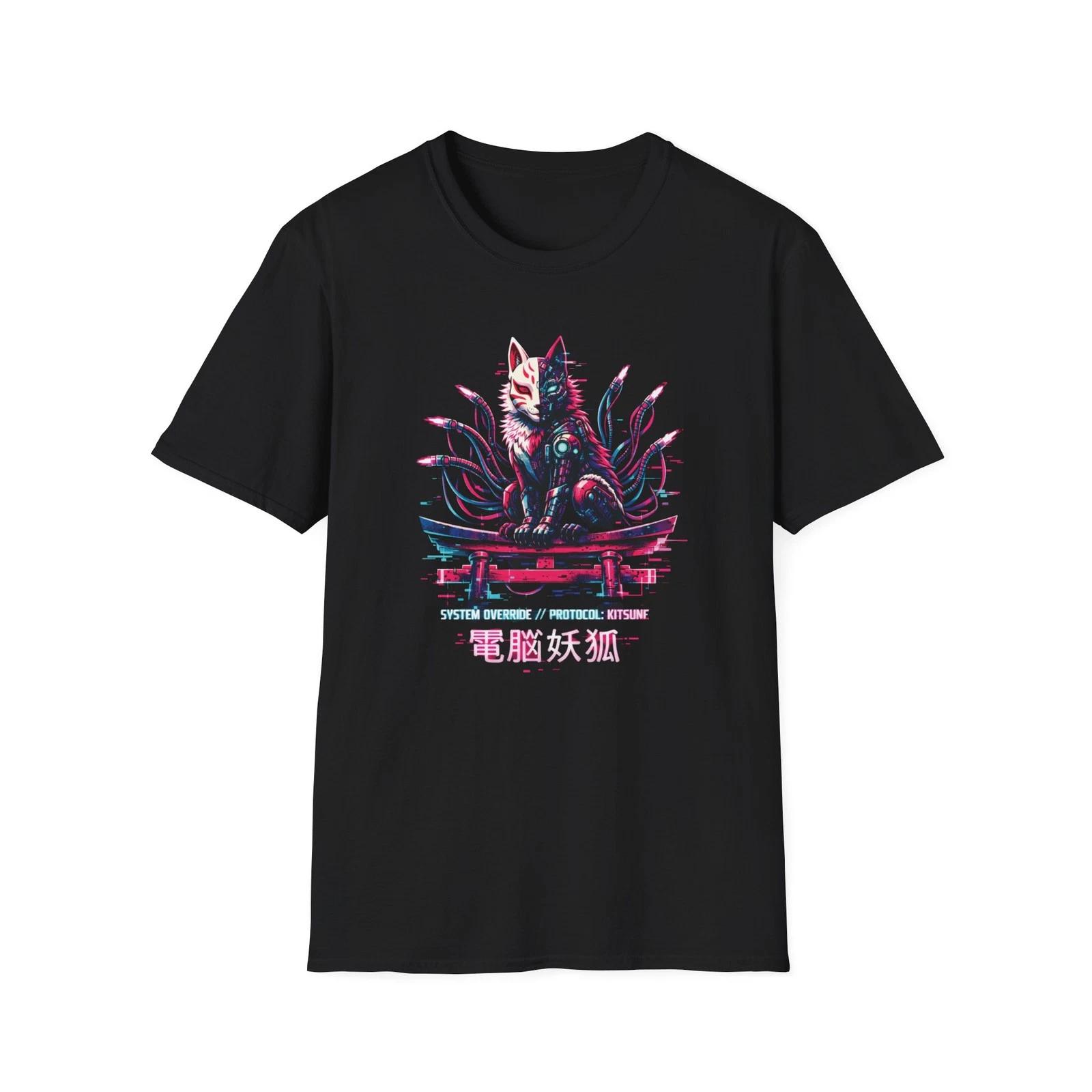 Cyber Kitsune T-Shirt Japanese Fox Mask Anime Cyberpunk Streetwear Graphic Tee S