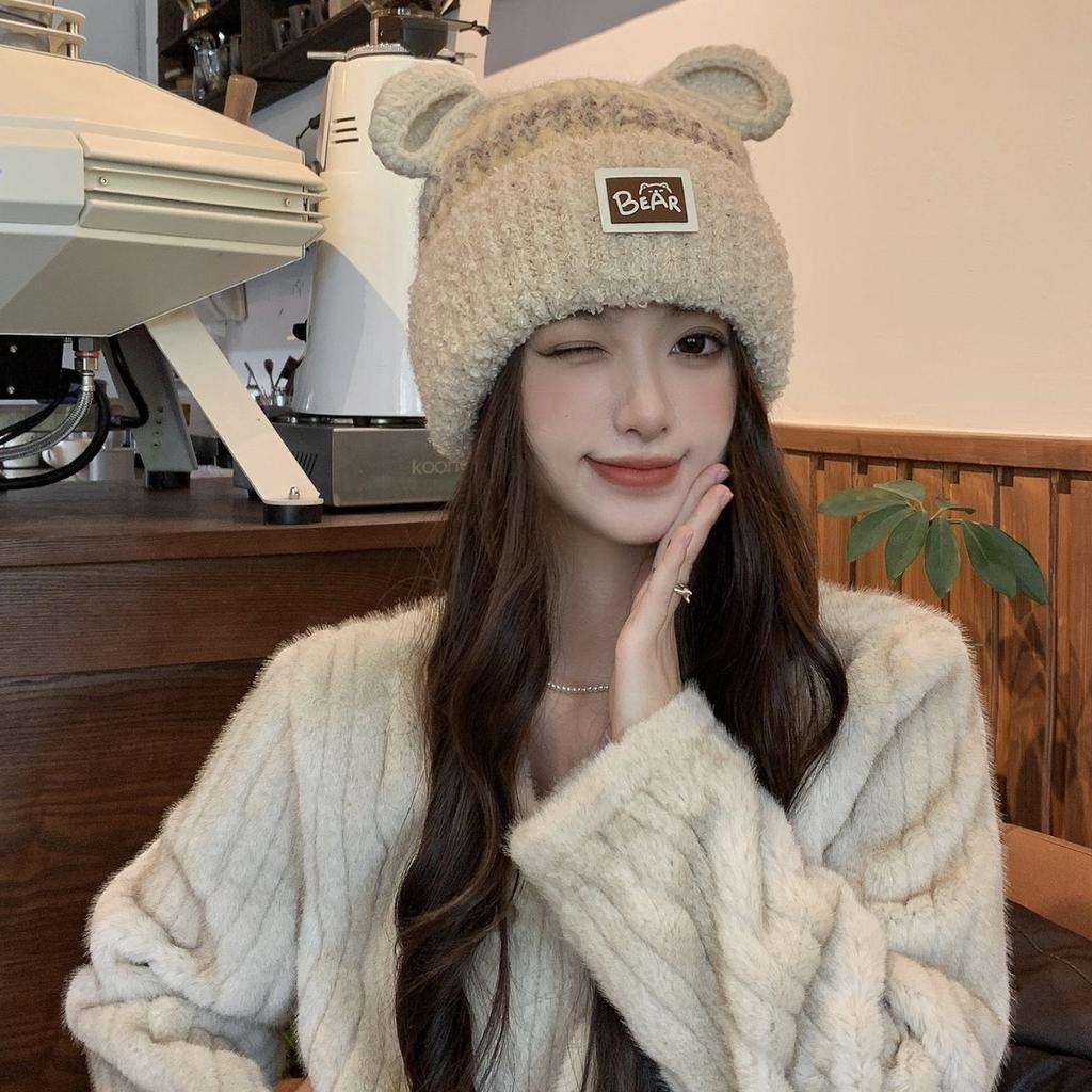New cute bear knitted hat for women's autumn and winter thickened warm and cold-proof fashionable ear protection small plush hat