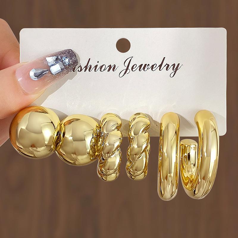 6Pcs Vintage Smooth Water Drop C-Earrings Set for Women Geometric Gold Color Circle Hoop Earring Zircon Ear Studs Jewelry Gifts