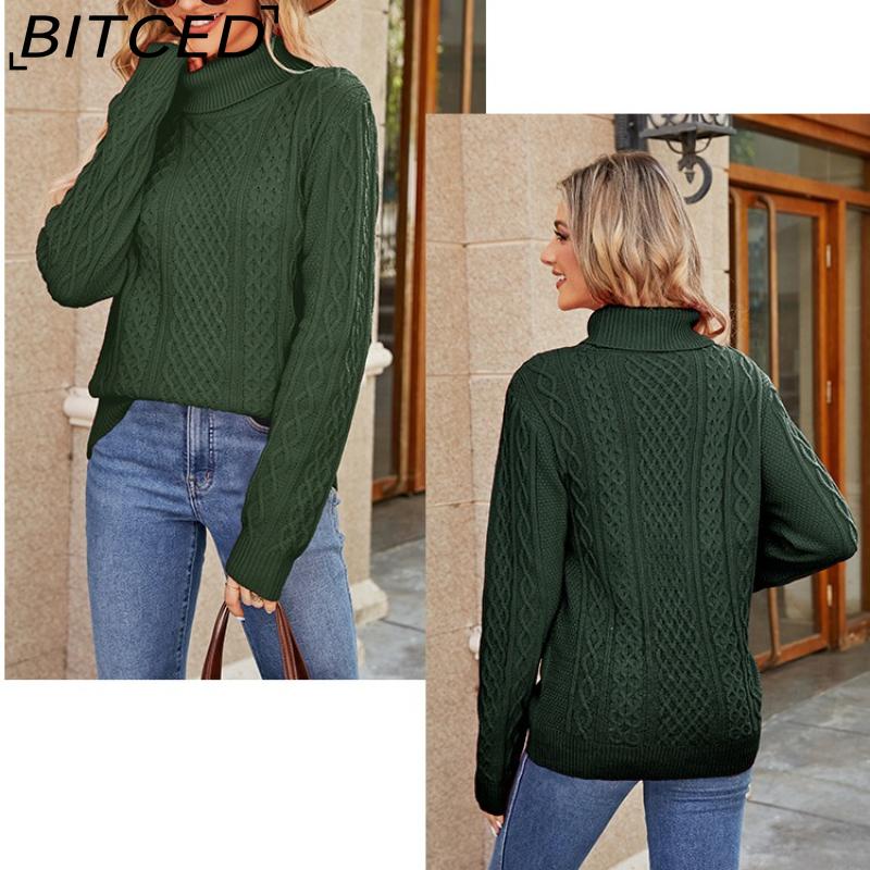 BITCED Women's Autumn/Winter Solid-Colour Knitted Top with High-Neck Cable-Knit Sweater Elegant High-Neck Base Layer