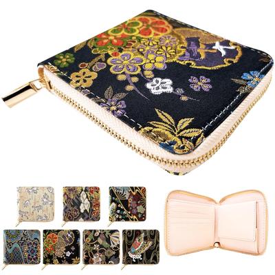 Trendy Yamagishi Nishijin-ori Round Bifold Wallet, Gold Brocade, Women's, Bifold Wallet, Round Zipper, Compact, Japanese Pattern, Moonlight,