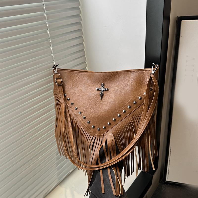 Mode Vintage Leder Umhängetasche Boho Stil Schultertasche Quaste Niete Kreuz Dekor Quadratische Geldbörse Lässige Messenger Bag CLE