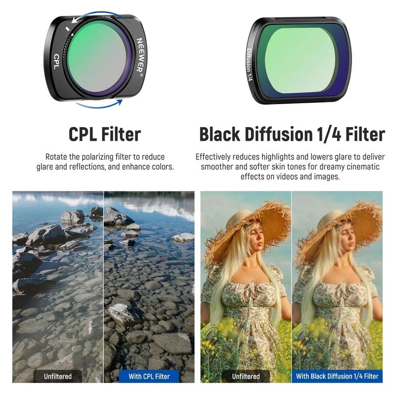 NEEWER Filter Kit for DJI Osmo Pocket 3 Camera, Magnetic ND2-32 / CPL / Black Mist Diffusion 1/4 Filter 3Pcs Filter Set