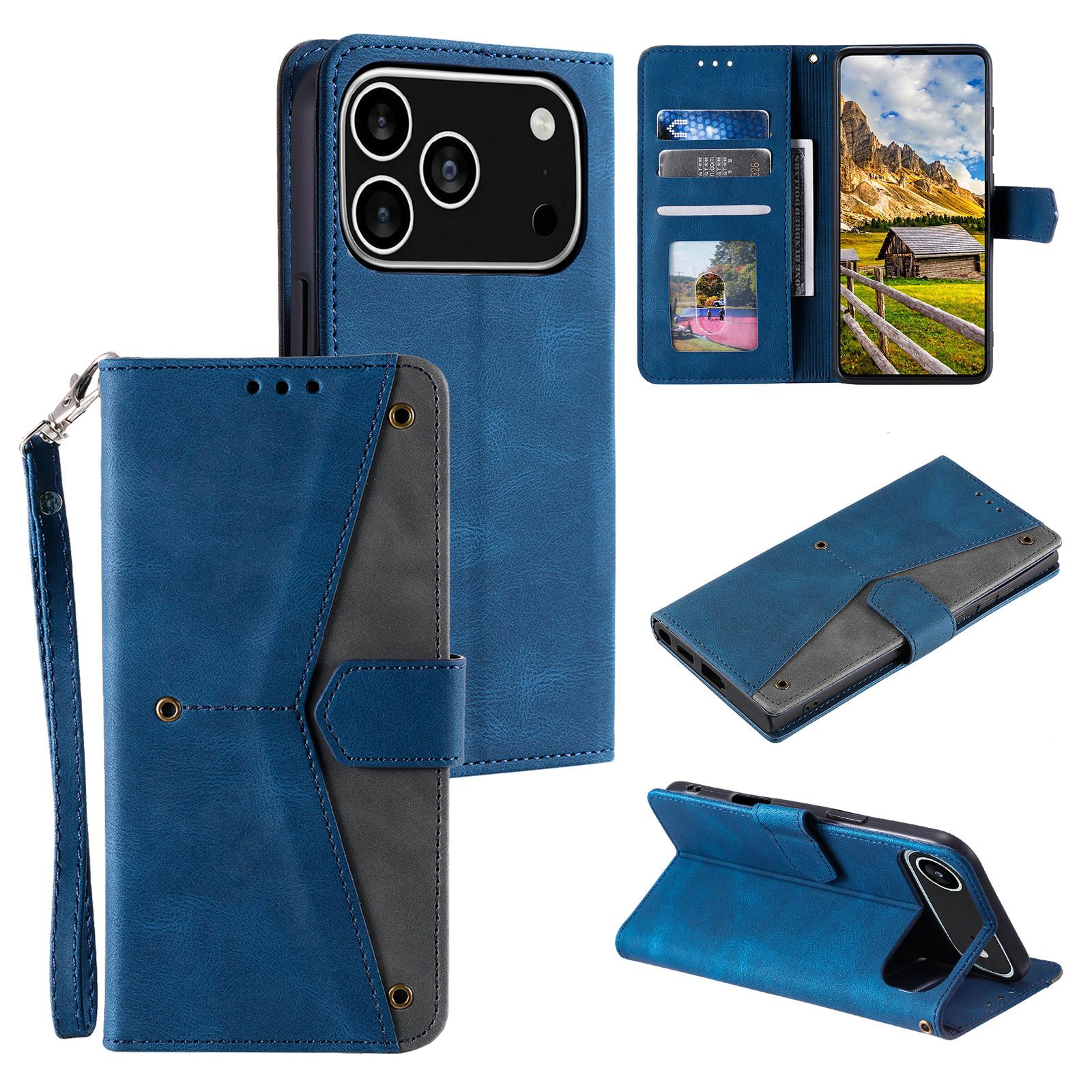 

For iPhone 17 Pro Leather Case Splicing Stitching Wallet Phone Cover with Wrist Strap Blue